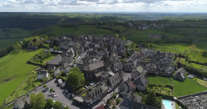 Salers aerial back traveling, Cantal, labelled Les Plus Beaux Villages de France