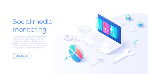 Social media monitoring concept in isometric vector design. Online internet marketing analysis or business monitoring tools. User engagement metrics or measure technology.