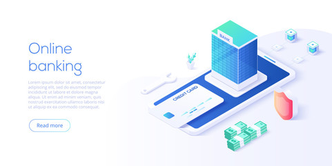 Online mobile banking transaction concept in isometric vector design. Digital payment or online cashback service. Withdraw deposit with smartphone. Web banner for website layout template. - obrazy, fototapety, plakaty