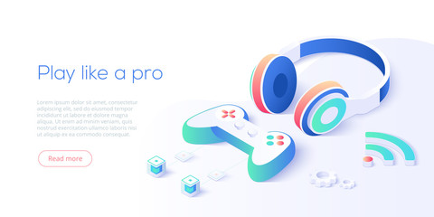Video game controller and headphones set in isometric vector illustration. Videogame console joystick connected via wi-fi internet. Web banner layout template for website or social media. © Graf Vishenka