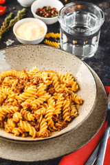 Fusilli pasta Bolognese