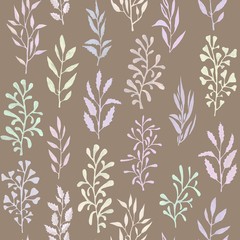 Hand drawn watercolor floral abstract pattern of twigs with leaves seamless pattern.