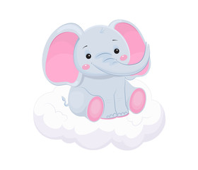 Cute grey elephant on cloud. Children illustration