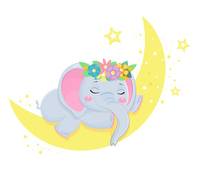 Cute grey elephant sleeps on crescent.Children illustration