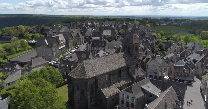 Salers aerial back traveling, Cantal, labelled Les Plus Beaux Villages de France