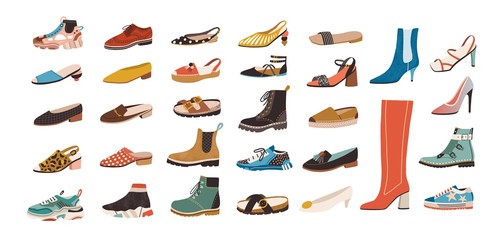 Collection of stylish elegant shoes and boots of different types isolated on white background. Bundle of trendy casual and formal men's and women's footwear. Flat cartoon colorful vector illustration. - obrazy, fototapety, plakaty