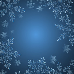 Fototapeta premium Christmas illustration with frame of large complex translucent snowflakes on light blue background. Transparency only in vector format
