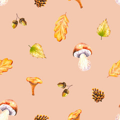 Seamless pattern with watercolor mushrooms, leaves, acorn, cone. Illustration isolated. Hand drawn autumn ornament perfect for wallpaper, vintage design, fabric textile, postcard