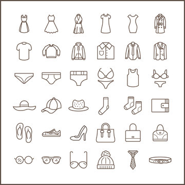 Set of fashion and clothes Icons line style. Included the icons as hat,  bag, eyeglasses, dress, tie And Other Elements. customize color,  easy resize.