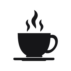 Cup of coffee or tea with steam, vector line icon black on white