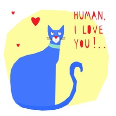 Funny cat  card template. Abstract cute childihs craft cat illustration for design birthday card, bag print, pet shop advertising, veterinary clinic poster, kids room etc.