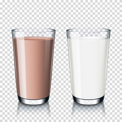 Realistic transparent glass of milk and  cocoa in a glass (chocolate milk), isolated.