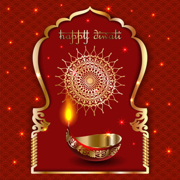 Vector banner India Diwali, Deepavali festival of lights, red background Dipavali with gold ornaments, fire glowing lamp, flashes and sparks, illustration.