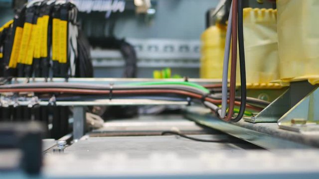 Electrical power transformer in control cabinet , Engineering and industrial concept , Panning video