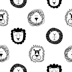 Roar Lion and cute lion pattern - funny vector character drawing seamless pattern. Lettering poster or t-shirt textile graphic design. / Cute lion character illustration. wallpaper, wrapping paper.