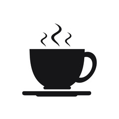 Cup of coffee or tea with steam, vector line icon black on white