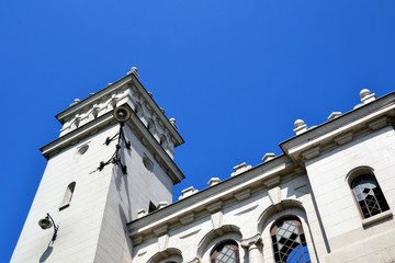 Detailed, low angle view of Neo-Renaissance side Towers of the Poniatowski Bridge in Warsaw, Poland