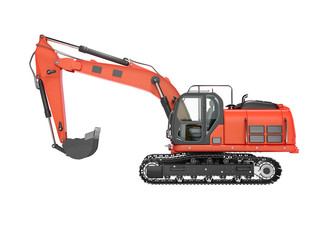 Road building red excavator on metal caterpillar track left side view 3d render on white background no shadow
