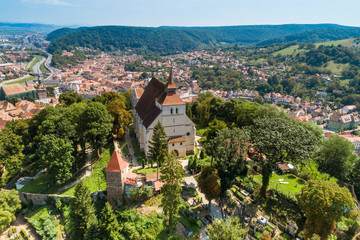Fototapeta na wymiar Aerial summer view of the Church on the hill in Sighisoara, Transylvania, Romania