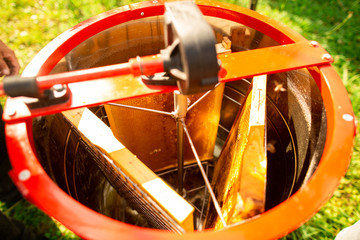 Honey extractor on the bee farm. Inside view. Three honeycombs are arranged in a circle