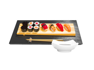 Sushi set on wooden stand with wooden chopsticks and sauce 3d render on white background no shadow