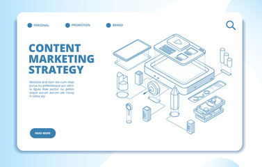 Content marketing. Website, social network publishing, video blog content strategy. Digital 3d isometric vector landing page. Content marketing strategy, web landing page, social service illustration