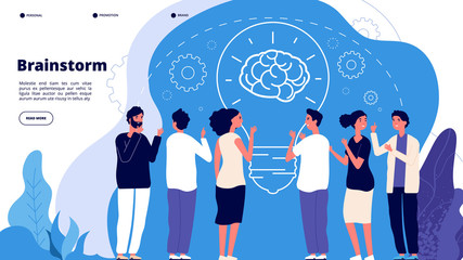 Brainstorm concept. Professionals launching creative project, brainstorming. Startup innovation teamwork business vector landing page. Illustration startup brainstorming, teamwork, strategy team