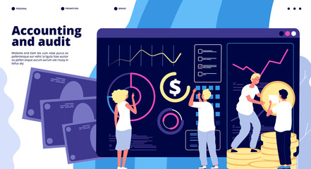 Accounting and audit. Financial management, quality tax administration. Budget and finance evaluation. Business vector landing page. Illustration administration accounting, research balance