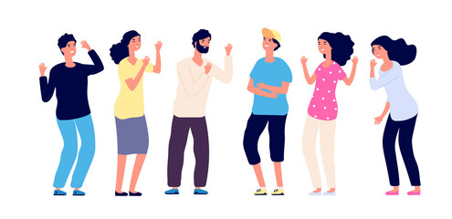 Laughing people. Happy joyful friends make fun of joke together. Smiling young guys. Positive emotion and friendship vector concept. Illustration joy friendship, people pose smile