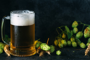 Beer mug on dark background with green hops and space for text