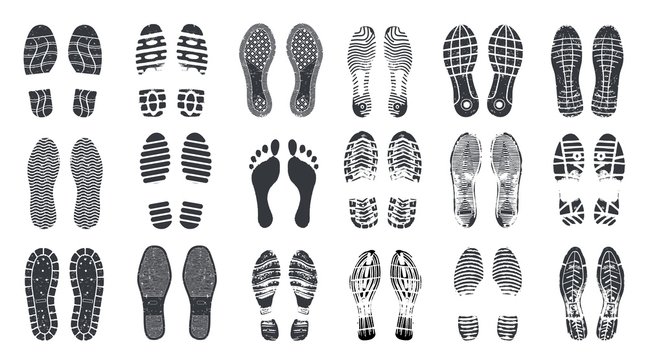 Footprint steps. Barefoot, sneaker and shoes footstep with grunge texture. Boot footprint stamps, foot imprints vector silhouettes. Imprint boot, human footwear, footprint and barefoot