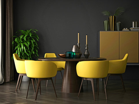 3d render yellow dining table set