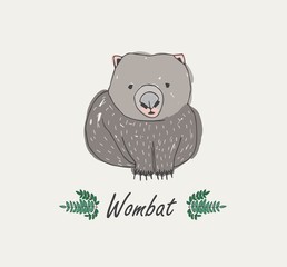 Wombat isolated on white background. Hand drawn portrait of adorable wild herbivorous marsupial animal. Exotic species, endemic fauna of Australia. Colorful vector illustration for t-shirt print.