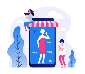 Mobile store app vector illustration. Online shopping concept. Tiny flat woman with smartphone and tablet. Smartphone buy on store, online app for consumer