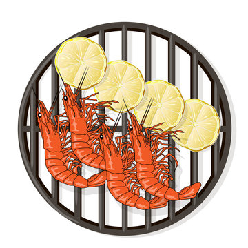 Prawn Or Tiger Shrimp Grilliing  / Bbq Vector Illustration Isolated On White Background.