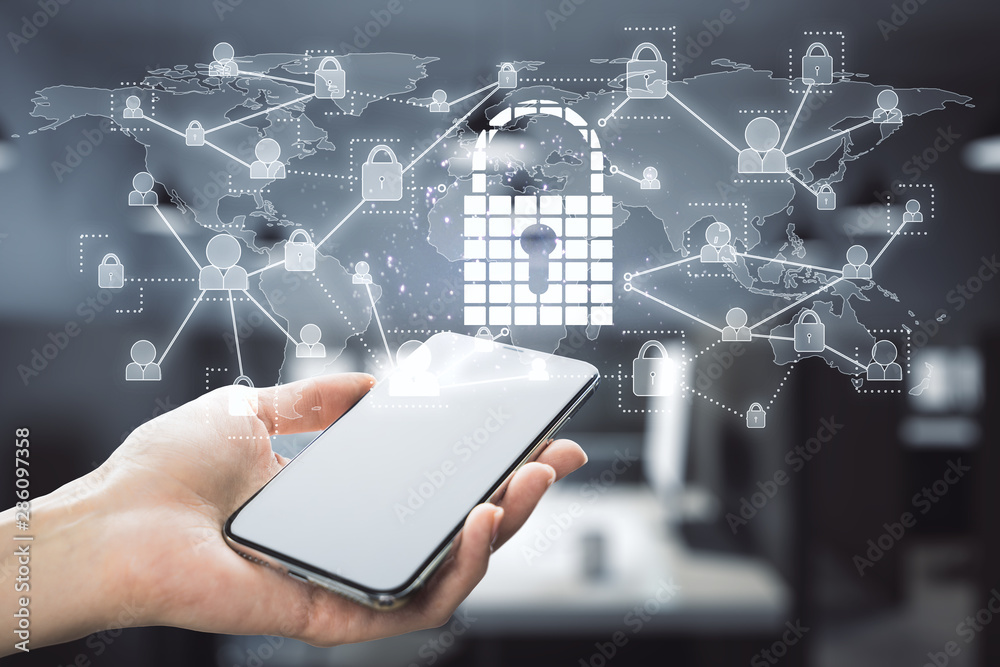 Poster hand using phone with padlock