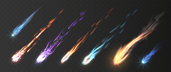 Comets and meteorite set. Vector realistic meteors and fireballs with fire trails. Meteor rain vector elements. Illustraiton fire trail, shooting glow in space, meteorite in galaxy