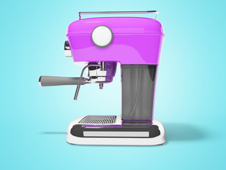 Modern purple horn coffee machine left view with water tank 3D render on blue background with shadow