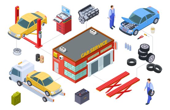 Car service isometric concept. Vector venicle, tire service illustration. Cars, building, repair tools, tires. Car isometric and garage service for automobile maintenance