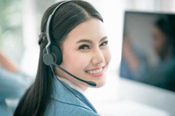 Professional Team Business Operator in Office. Service Business, Call Center Asian. The Center Appealed to Consumers to Help, and support Identify Action Recovery Disaster. Close up asian women.