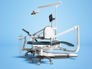 Dental unit and equipment for the office chair of the dentist and assistant assistants high chair 3d render on blue background with shadow