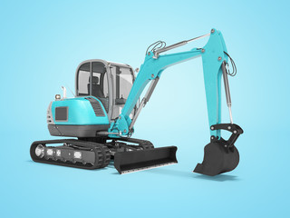 Construction machinery blue excavator with hydraulic mechlopatoy on crawler with bucket 3d render on blue background with shadow
