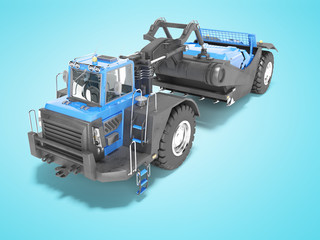 Blue wheeled tractor scraper isolated 3d render on blue background with shadow