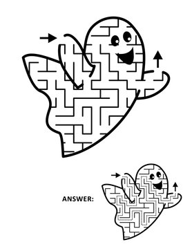 Halloween maze or labyrinth, cute little ghost shaped. Answer included.