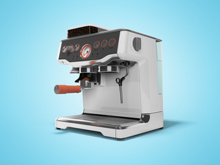 Modern metal horn coffee machine with milk dispenser and coffee tank with water tank 3D render on blue background with shadow