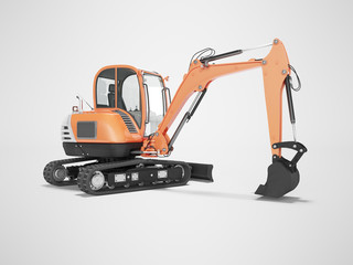 Orange mini excavator with hydraulic mechlopata with leveling bucket in motion rear view 3d render on gray background with shadow