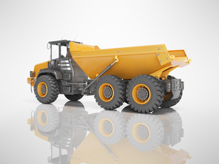 Orange mining dump truck isolated rear view 3D render on gray background with shadow