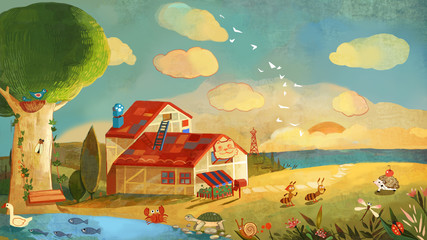 House, tree, lotus pond, ant, crab, turtle, dragonfly, hedgehog, cicada, early morning, sunset, children, kindergarten, lovely, shore, home, cloud, kindergarten, © zhenliu