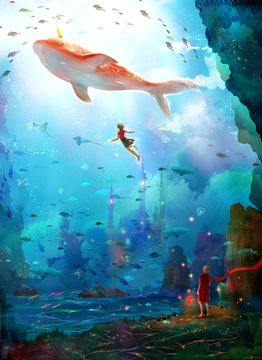 Pure, literary, small and fresh, illustrations, beautiful women, girls, girls, fairy tales, dreams, fantasies, dreams, cities, castles, seabed, whales, deep sea, girls, schools of fish, oceans,