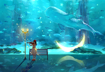 Aquarium, violin, music, purity, literature and art, small and fresh, illustration, beauty, girl, girl, fairy tale, fantasy, dream, dream, moon, little girl, street lamp, whale, night, beauty, ocean, 